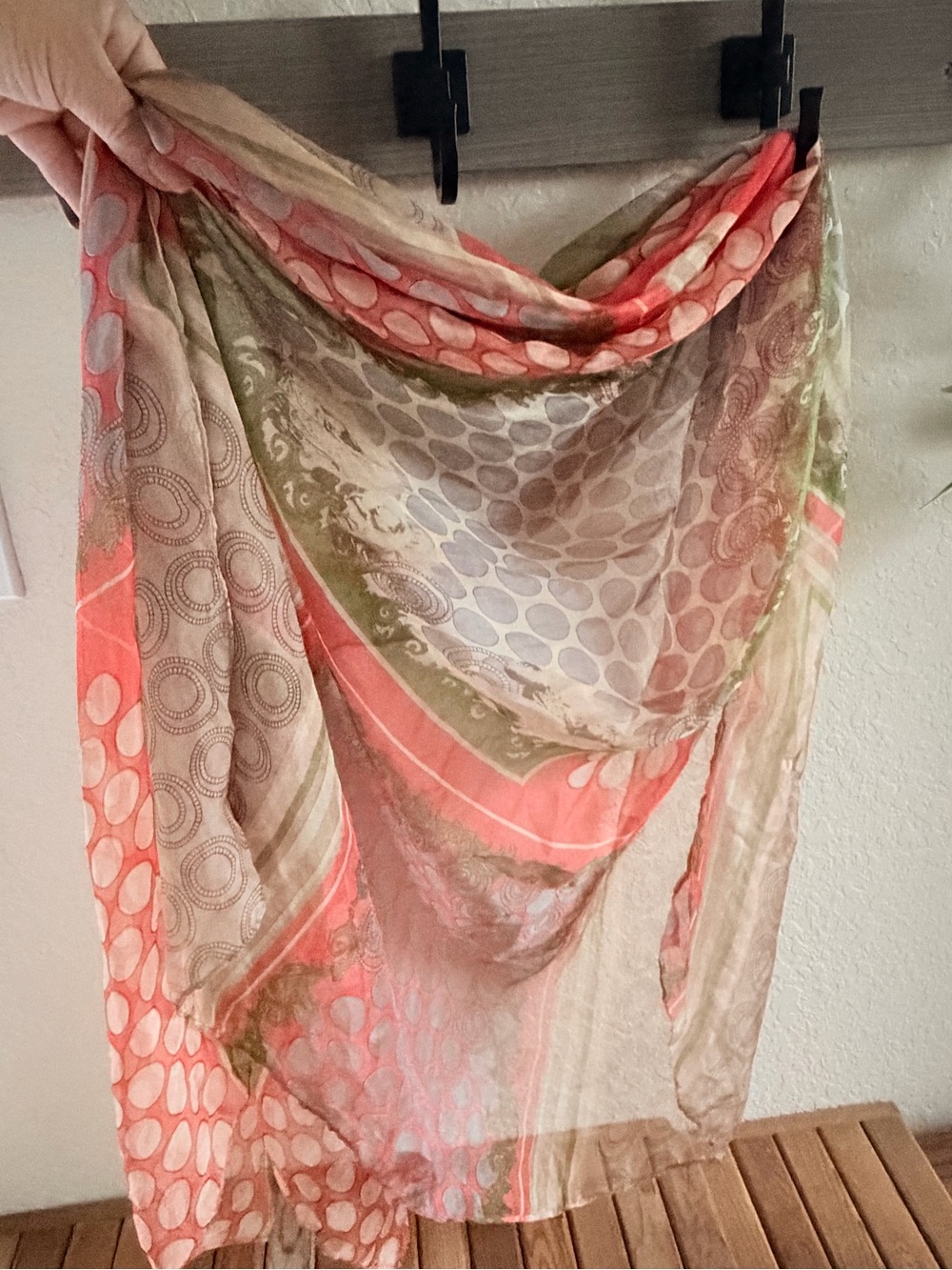 Lightweight Boho Shawl • Coral Green & Gray Print Scarf •Oversized Wrap - Picture 2 of 8